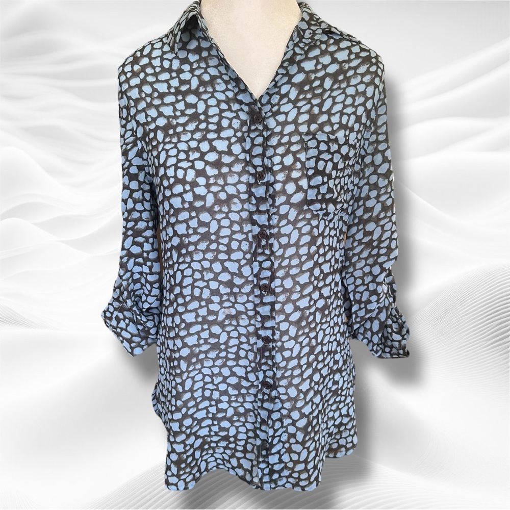 Moda International Blue and White Cuffed Sleeve Button Down Shirt Size XS
